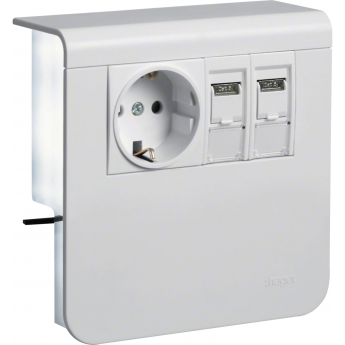 Держатель устройств HAGER SL new, с розетками Schuko (L+N+PE), 16A, 250A AC и 2хRJ45, чисто белый