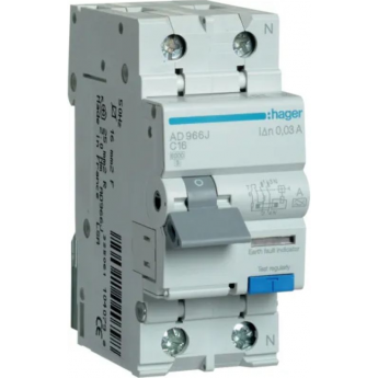 Дифференциальный автомат HAGER AD966J 1P+N 6kA С-20A I∆n=30мА, Тип А, винтовые клеммы, ширина 2М Дифференциальный автомат HAGER AD966J 1P+N 6kA С-20A I∆n=30мА, Тип А, винтовые клеммы, ширина 2М